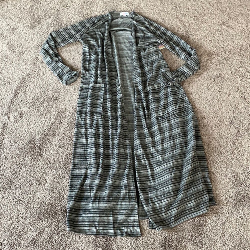 LuLaRoe Sarah Longline Cardigan Sweater SIZE S Black Gray Striped